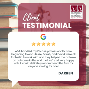 Five-star Google review from Darren praising A&A Injury Law Firm for professional handling of his personal injury case with attorneys Jesse, Sarah, and David.