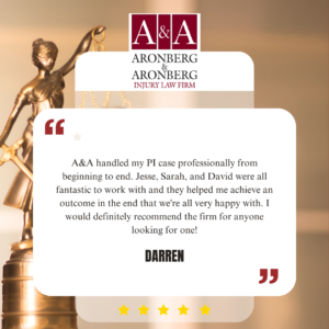 Five-star client testimonial for Aronberg & Aronberg injury law firm praising professional PI case handling by Jesse, Sarah, and David.