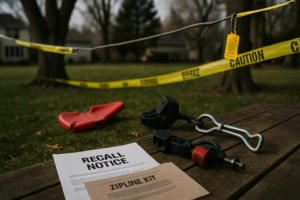 Zipline kit recall notice with caution tape and safety equipment on wooden surface outdoors.