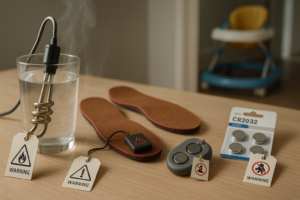 Immersion heater in water glass surrounded by warning tags, heated insoles, button batteries, and recall warning labels on wooden surface.