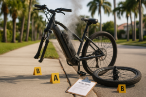 Damaged e-bike with detached wheel and recall notice on sidewalk, depicting product liability incident scene.