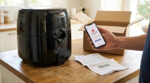 Person holding smartphone displaying product recall warning next to damaged black air fryer on wooden table with shipping box and documentation.