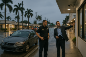 Police officer and businessman discussing hit-and-run accident near damaged vehicle on rainy street at dusk with palm trees and storefronts.